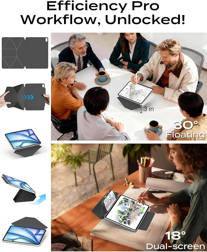 JKSML Dynamic Folio Case for iPad Air M4/M3/M2 11 &amp Air 4th/5th Gen 10.9 Detachable Pencil Holder 20+ Multi-Angle Origami Cover Slim &amp Ergonomic &amp Powerful Magnetic - Black
