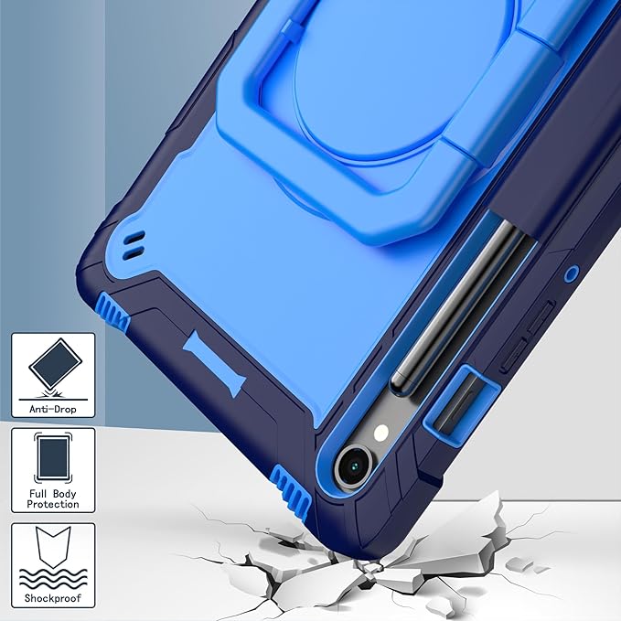 Case for Galaxy Tab S9 FE+/Tab S9+ 12.4 inch Rugged Armor Heavy Duty Hybrid Cover with Adjustable Stand and Handle for Tab S9 Plus 12.4 with Shoulder Strap and S Pen Holder (Blue/Light Blue)