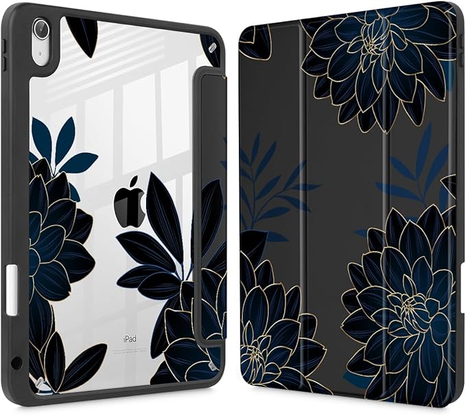 Case for iPad 11 inch A16 2025 Generation 11th / iPad 10.9 inch 2022 10th Gen Buit in Pencil Holder with Shockproof Cover Clear Transparent Back Shell Auto Wake/Sleep Flower Dahlia