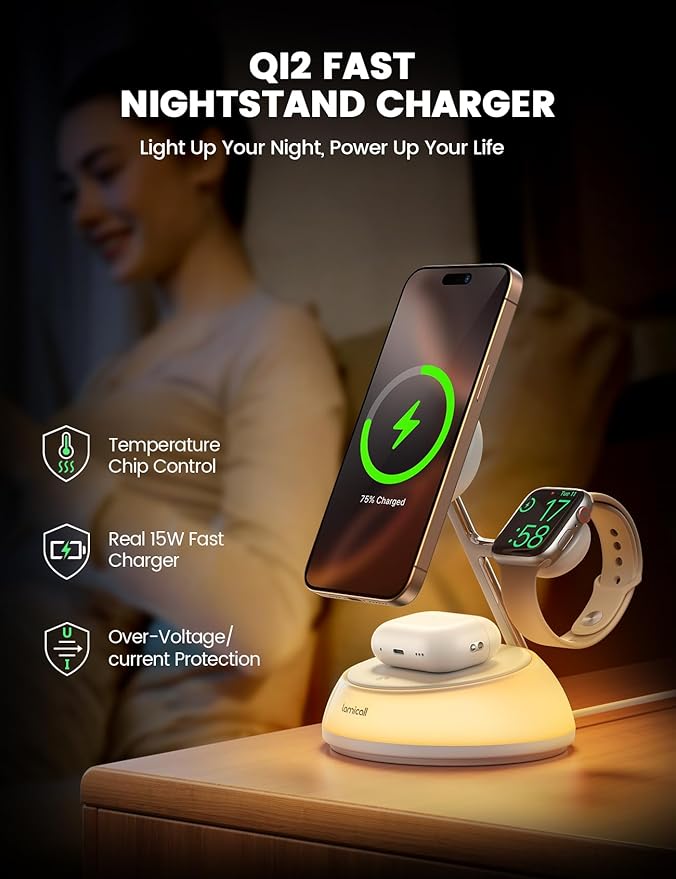 Lamicall 4-in-1 Qi2 Certified Wireless Charging Station for Magsafe [LED Night Light] 15W Fast Magnetic Charger Stand Gifts Compatible for iPhone 17 16 15 14 13 Series Watch Air pods 30W Adapter