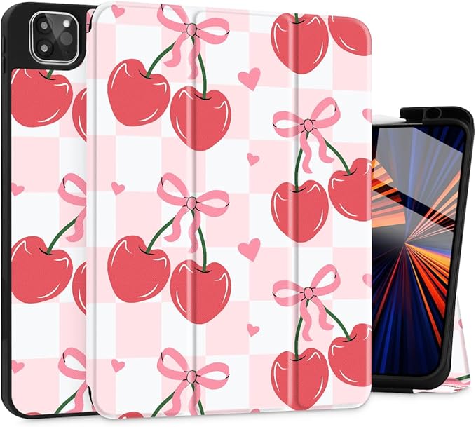 Mektron Case for M5/ M4 iPad Pro 11 inch 2025/2024 with Pencil Holder Compatible Models: A3357/A3358/A3359/A2836/A2837/A3006 Tablet Cover with Soft TPU Back Cover Cherries Bows C353