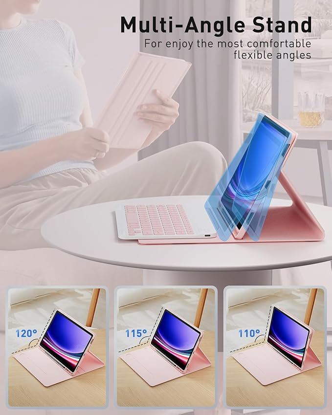 Case Keyboard for Samsung Galaxy Tab S10 Lite / S10 FE / S9 FE / S9 / S8 / S7 10.9/11 Built-in Pencil Holder with Mouse (Pink)
