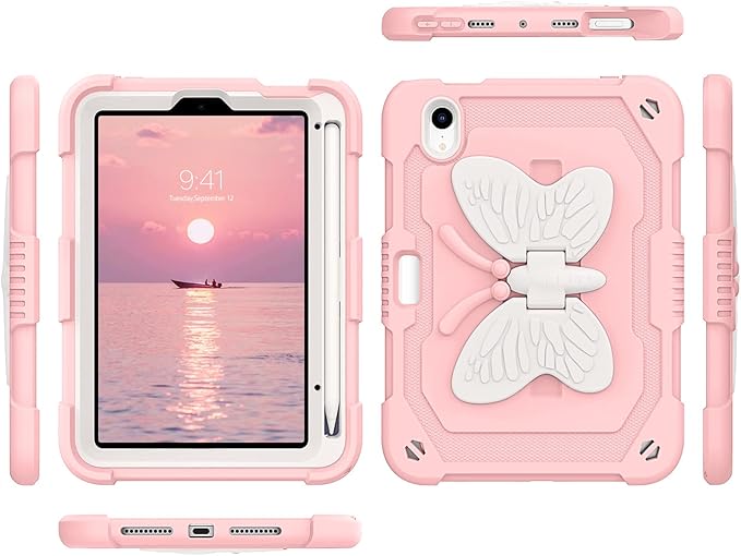 DUEDUE Case for iPad mini 7 (A17 Pro) 2024iPad mini 6 Case 2021 Butterfly Wings Kickstand with Pencil Holder Shockproof Protective Tablet Case for iPad mini 7th/6th Gen Kids Beige/Pink