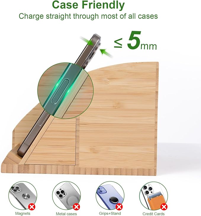 Bamboo Pen Holder for Desk &amp Nightstand Organizer with Fast Wireless Charging for iPhone Samsung &amp More – Office Desk Accessories for Men/Women (Natural)
