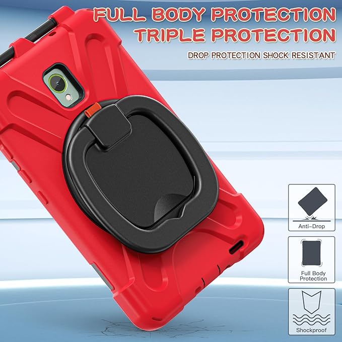 Rugged Case for Samsung Galaxy Tab Active5 5G (SM-X306B/X300) w/ 360° Rotating Hanging Ring Handle Grip Kickstand Heavy Duty Shock-Proof Armor Cover w/Shoulder Strap Stylus Holder (Red)