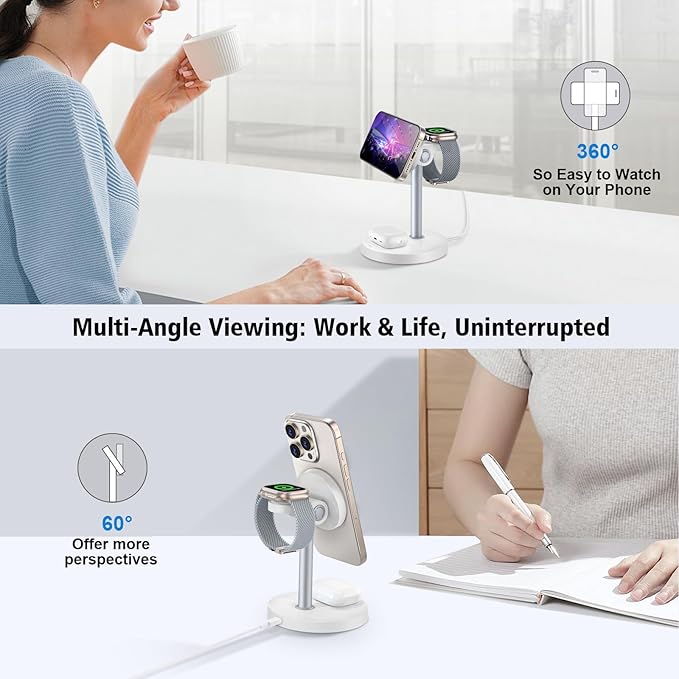 3 in 1 Wireless Charging Station for Multiple Devices 15W Fast Magnetic Wireless Charger Stand with Adjustable Angle Compatible with iPhone12-16 Series Apple Watch AirPods - Gifts for Men &ampWom