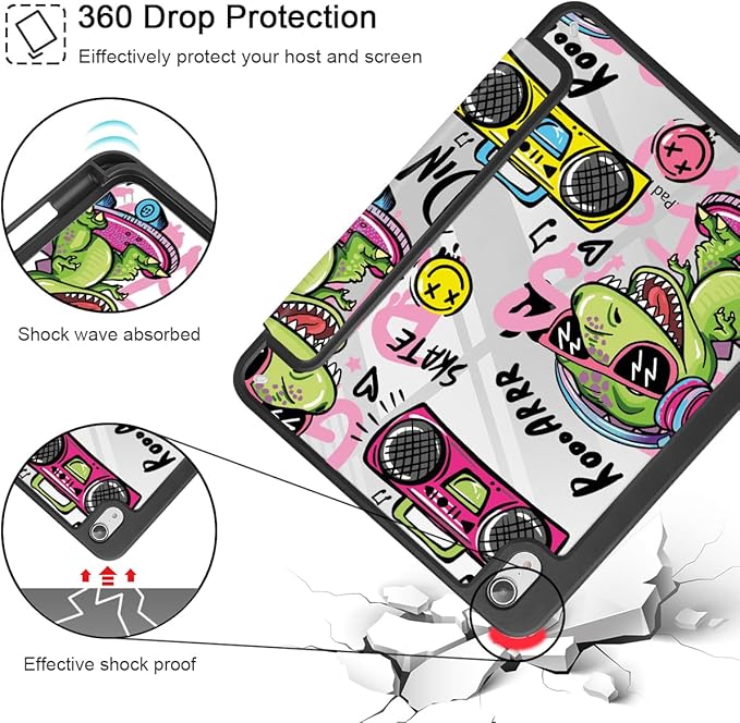 Mektron Printed Case for iPad mini 7 (A17 Pro) 2024/ Mini 6 2021 iPad mini 7th/6th Generation 8.3-inch Liquid Retina Display Cover Buit in Pencil Holder with Clear Back Shell Cool Dinosaur