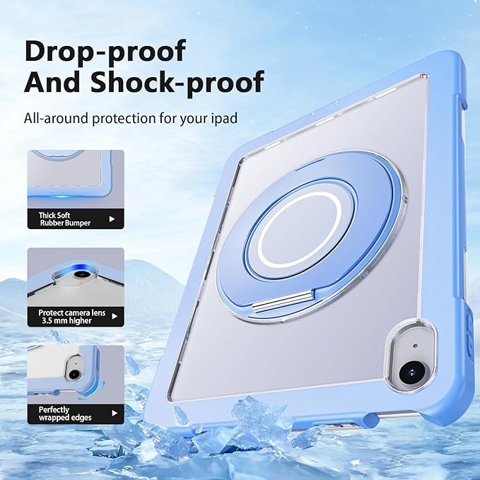 Case for iPad (A16) 11th /10th Generation 11 Inch 2025/10.9 inch 2022with Screen Protector360 Rotating Metal StandClear BackHeavy Duty Shockproof for Kids Case Blue
