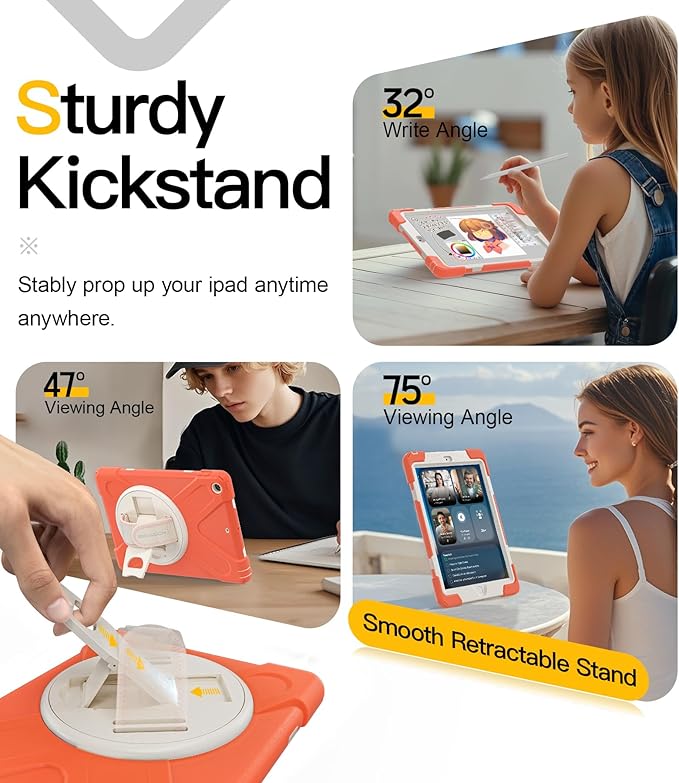 BRAECN Case for iPad 6th/5th Generation 9.7 inch 2018/2017 Protective Heavy Duty Shockproof Cover for Kids/Adults 360° Rotating Hand Strap/Stand &amp Detachable Shoulder Strap Coral Orange