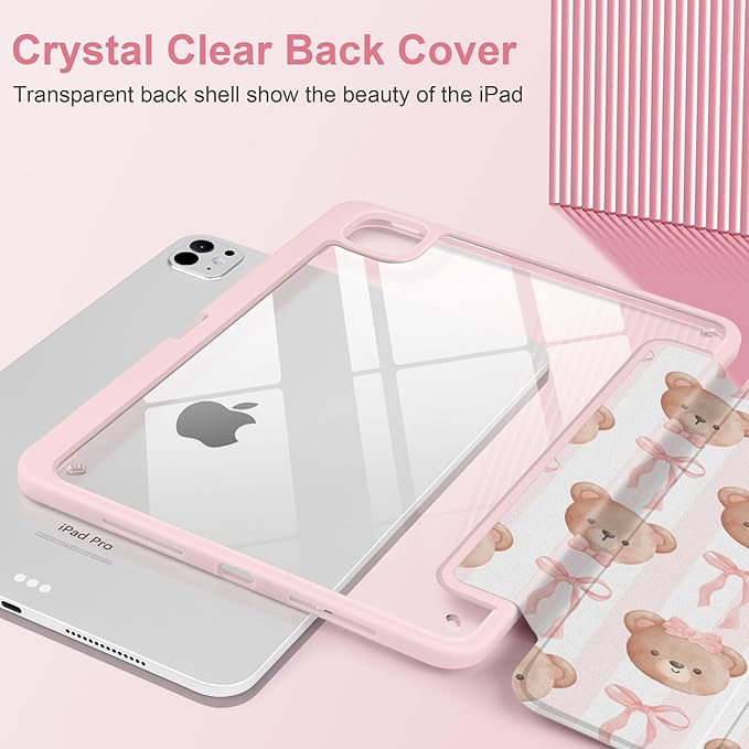 TWOLSKOO Case for iPad Pro 11-inch (M5 2025 / M4 2024) Clear Acrylic Back with TPU Bumper Pencil Holder Trifold Stand Auto Sleep/Wake Bows &amp Bears