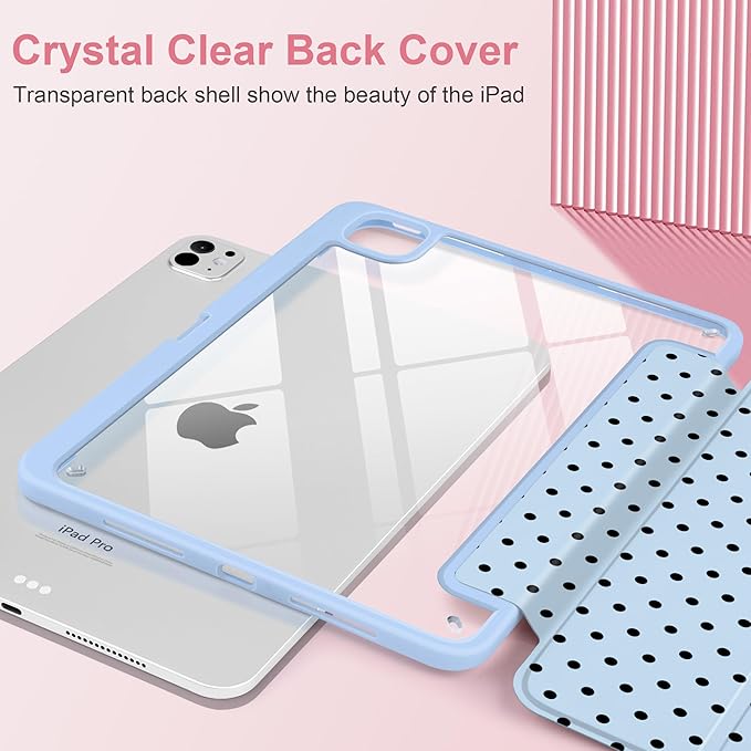 Case for iPad Pro 11 Inch (M5 2025 M4 2024) – [Built-in Pencil Holder] Shockproof &amp Stylish Clear Hard Back + Soft TPU Edge Magnetic Trifold Stand Auto Wake/Sleep Blue Polka dot