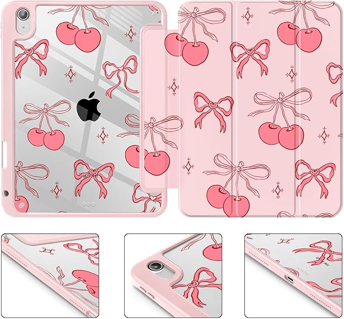May Chen for iPad (A16) 11th Generation Case 11 Inch 2025 iPad 10th Gen Case 2022 10.9 inch Built-in Pencil Holder with Shockproof Cover Clear Back Shell Auto Wake/Sleep Girly Cherry &amp Bow