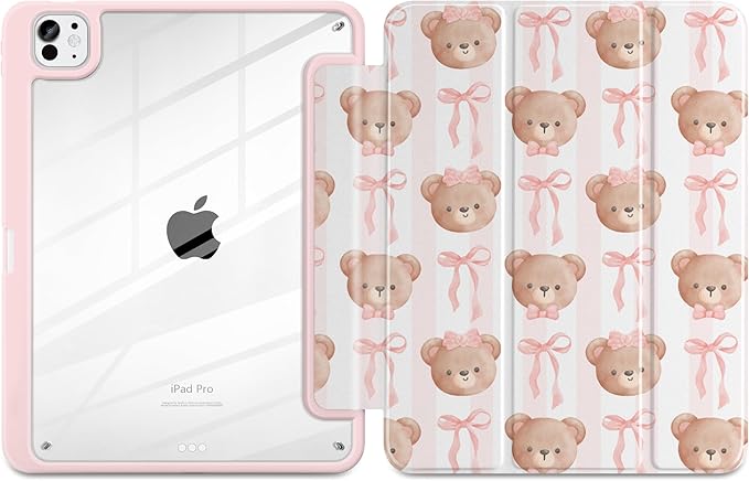 TWOLSKOO Case for iPad Pro 11-inch (M5 2025 / M4 2024) Clear Acrylic Back with TPU Bumper Pencil Holder Trifold Stand Auto Sleep/Wake Bows &amp Bears