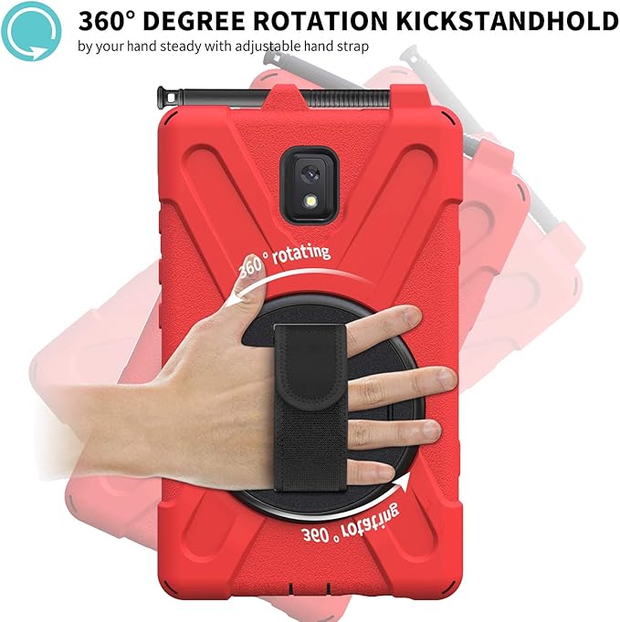 Case for Samsung Galaxy Tab Active 3 8 T570 T575 T577 Heavy Duty Shockproof Rugged 3 Layer Kids Durable Case with 360 Swivel Kickstand Shoulder Strap &amp Hand Strap (Red)
