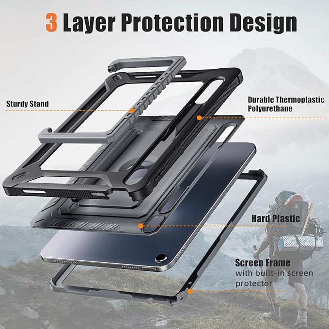 Akkerds for iPad A16 case 11th Generation 11 Inch 2025 - for iPad 10th Generation case 10.9 Inch 2022 with Pencil Holder - Screen Protector and Kickstand - Heavy Duty Rugged Protective Cover - Gray