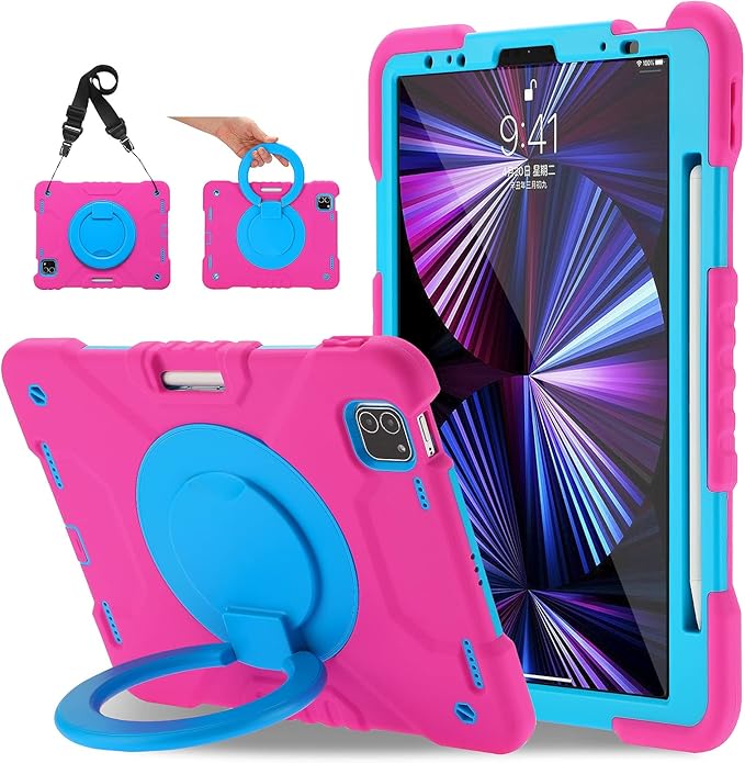 Case for iPad Pro 11 Inch 4th 2022/3rd 2021/2nd 2020/1st Gen 2018 iPad Air 10.9 Inch 2022/2020 5th/4th Generation Case with Pencil Holder/360° Rotating Handle Stand Pink+Blue