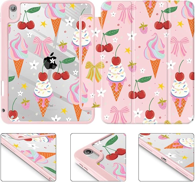 Case for iPad 11 inch A16 2025 Generation 11th / iPad 10.9 inch 2022 10th Gen Buit in Pencil Holder with Shockproof Cover Clear Transparent Back Shell Auto Wake/Sleep Ice Cream-Bows-Pink