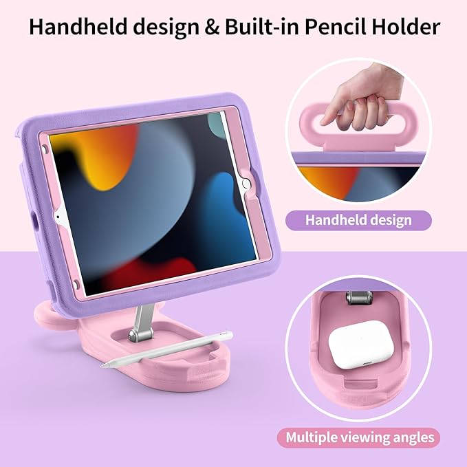 Kids Case for iPad 9th Gen 2021/ iPad 8th Gen 2020/ iPad 7th Gen 2019 Adjustable Portrait/Landscape Stand Drop Proof with HandleChild Friendly Cover for iPad 10.2 Inch (EP-PurplePink)