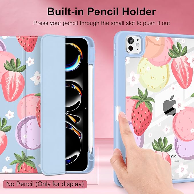 Case for iPad Pro 11 Inch (M5 2025 M4 2024) – [Built-in Pencil Holder] Shockproof &amp Stylish Clear Hard Back + Soft TPU Edge Magnetic Trifold Stand Auto Wake/Sleep Strawberry