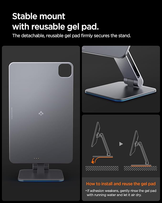 Spigen for Magnetic Wireless Charging Stand Compatible with iPad Pro 11 M5 (2025) &amp M4 (2024) Foldable Adjustable Aluminum Pogo Pin Charger Tablet Holder Desk Mount - Space Gray (LD207W2)