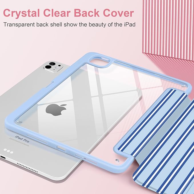 Case for iPad Pro 11 Inch (M5 2025 M4 2024) – [Built-in Pencil Holder] Shockproof &amp Stylish Clear Hard Back + Soft TPU Edge Magnetic Trifold Stand Auto Wake/Sleep Blue Stripes