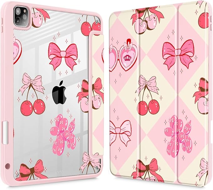 Mektron Case for iPad Pro 11 inch (4th 3rd 2nd &amp 1st Gen) 2022 2021 2020 2018 Buit in Pencil Holder with Shockproof Cover Clear Shell + Auto Wake/Sleep Cherry with Bows