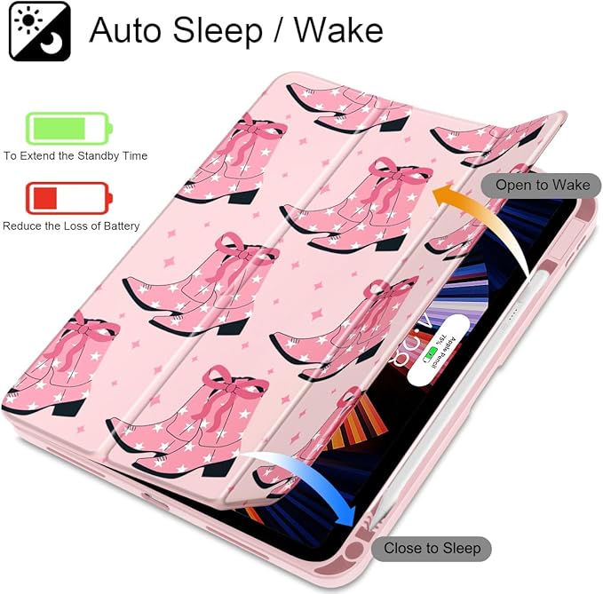 May Chen for iPad Air 11-inch M4/M3/M2 (2026/2025/2024) iPad Air 5th/4th 10.9 Inch - Shockproof Cover with Clear Back Shell &amp Penceil Holder Auto Wake/Sleep Stand Cover Pink Boots Bows