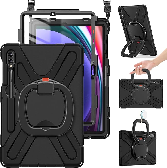 BRAECN Case for Samsung Galaxy Tab S10+/S9 FE+/S9+ Plus 12.4 Inch Heavy Duty Silicone Case with Screen Protector S Pen Holder Stable KickstandShoulder Strap for Galaxy Tab S8+/S7 FE/S7+ Black