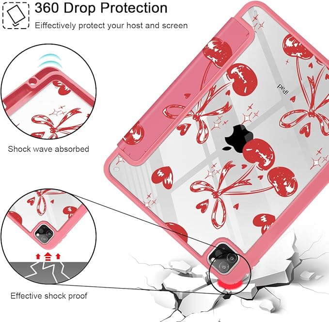 Mektron Case for iPad Pro 11 inch (4th 3rd 2nd &amp 1st Gen) 2022 2021 2020 2018 Buit in Pencil Holder with Shockproof Cover Clear Shell + Trifold Stand + Auto Wake/Sleep Cherries Bows C388