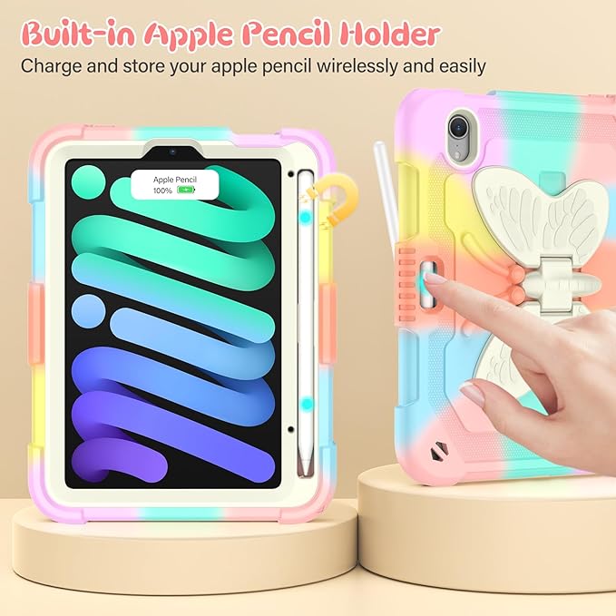 for iPad Mini 7 (A17 Pro) 2024/Mini 6 8.3'' Butterfly Case for Kids Girls Cute Kawaii Girly Butterfly Soft Silicone Cover with Stand Shoulder Strap for iPad Mini 7th/6th Generation 8.3 Pink