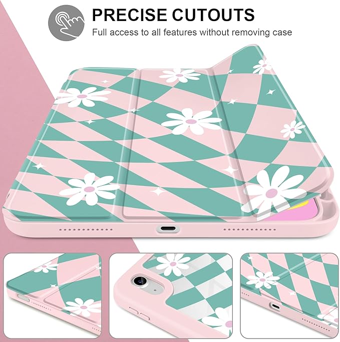 DONGKE Case for iPad (A16) 11th Generation 11 inch 2025 &amp iPad 10th Gen 10.9 inch 2022 [Built-in Pencil Holder] Clear Acrylic Back Trifold Stand Smart Cover Auto Sleep/Wake Checkered &amp Dais