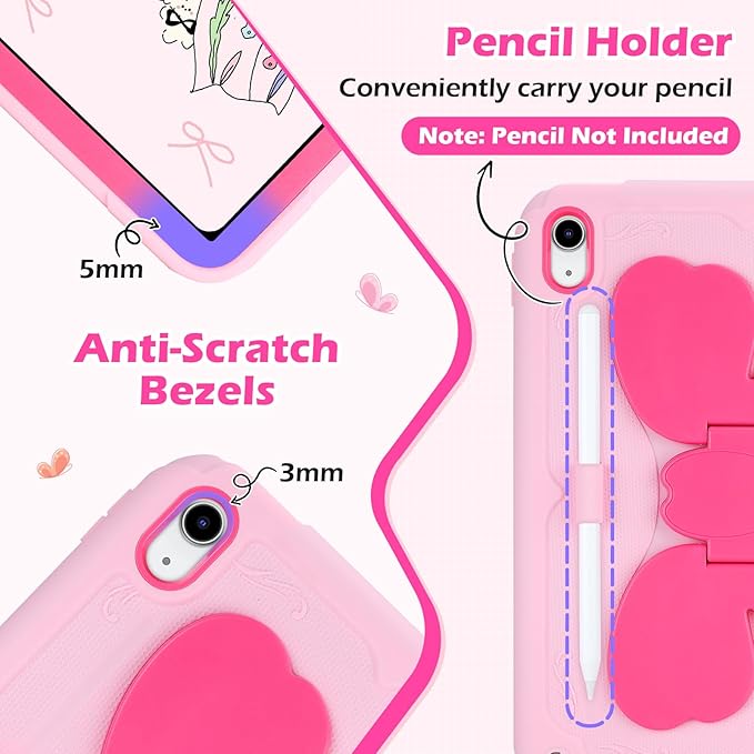 VOFUOE for iPad A16 Case 11th Generation 2025 11 Inch for iPad 10th Generation Case 2022 10.9 Inch for Kids Girls with Sweet Bow Stand Shoulder Strap Pencil Holder Hard Cover-Pink &ampHot Pink Bow
