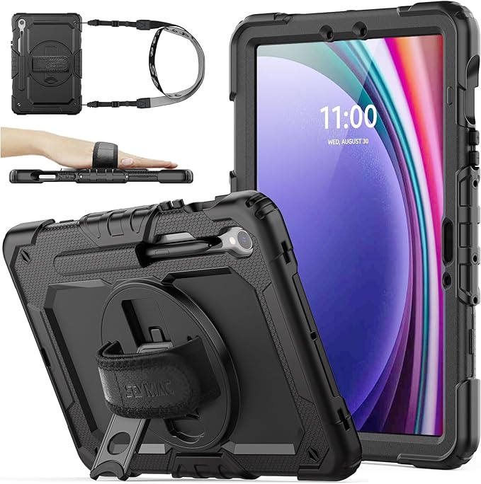 SEYMAC stock Case for Samsung Galaxy Tab S10 Lite / S10 FE / S9 FE 5G / S9 Tablet Case 10.9''/ 11'' Protective with Screen Protector Pen Holder 360 Rotate Stand Hand Strap Shoulder Strap Black1
