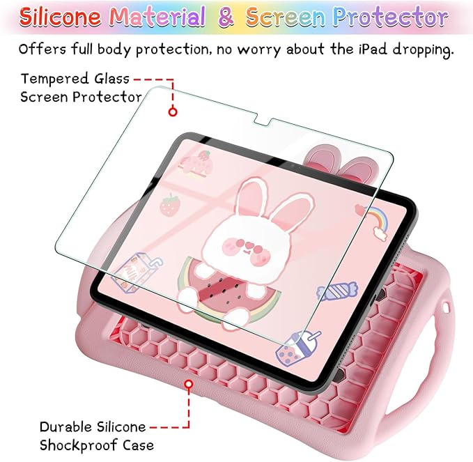WESADN for iPad 10th Generation Case 10.9 Inch 2022 Kids Girls for iPad A16 Case 11th Gen 11 Inch 2025 with Screen Protector Shoulder Strap Kickstand Keychain Cute Rabbit Silicone Tablet CoverPink