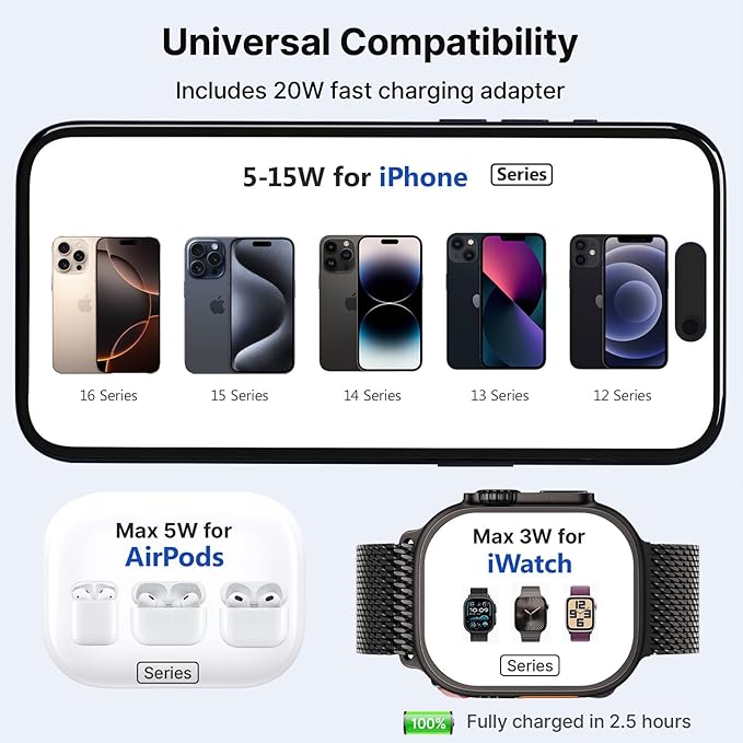 3 in 1 Charging Station for Apple Multiple Devices Zinc Alloy Foldable Travel Wireless Charging pad for Mag-Safe Wireless Charger Stand for iPhone 17 16 15 14 13 12 Apple Watch Airpods