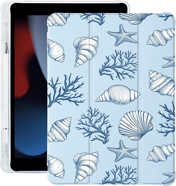 Cute Conch Shell for iPad Air 11 Inch Case 7th/6th Generation (M3/M2) 2025/2024 with Pencil Holder Auto Sleep/Wake Blue Leather Soft TPU Back Cover