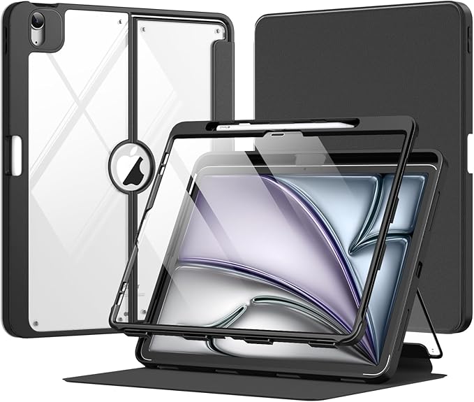 MoKo for iPad Air 13-Inch Case (M4/M3/M2) 2026/2025/2024 with Pencil Holder Heavy Duty 13 Inch iPad Air Case with Screen Protector Clear Back Lens Protector Multi-Angle Magnetic Stand Black