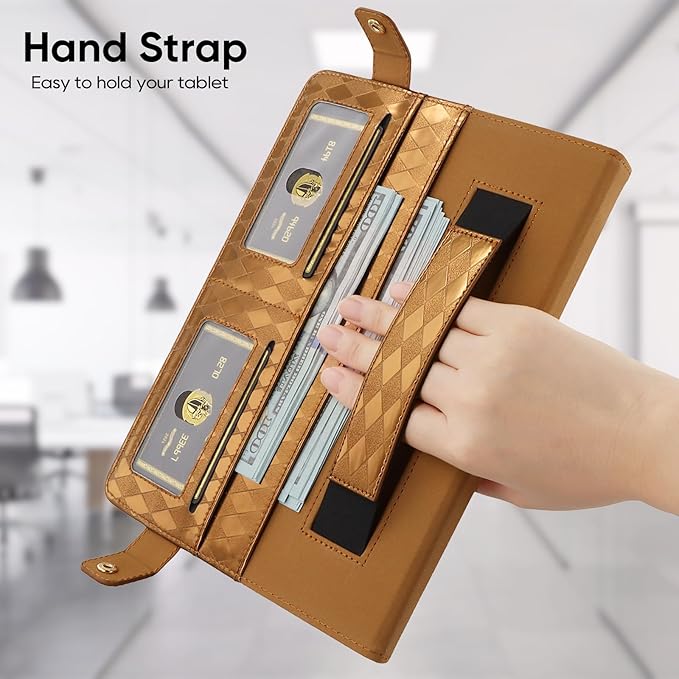 Tablet Carrying Shoulder Bag Case for Samsung Galaxy Tab S9 FE+ Plus/S9+/S8+/S7+ Plus 12.4 Iridescent Diamond Texture Envelope PU Leather Hand Strap Cards Holder Pocket S Pen Holder CaseBrown