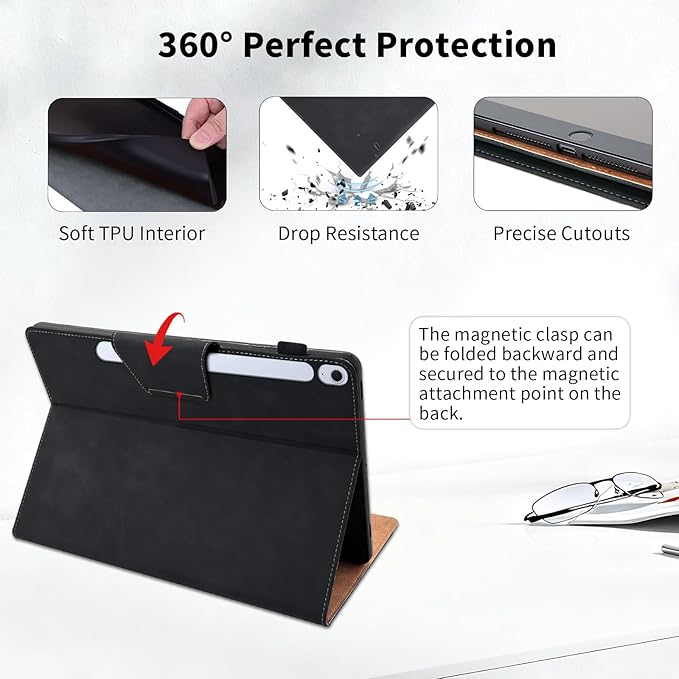 Case for Samsung Galaxy Tab S10 FE Plus 13.1 Inch 2025 Model(SM-X620/X626B) - Multi-Angle Viewing Stand Cover with Pocket and Magnetic Clasp PU Leather Business Folio Protective Case Black