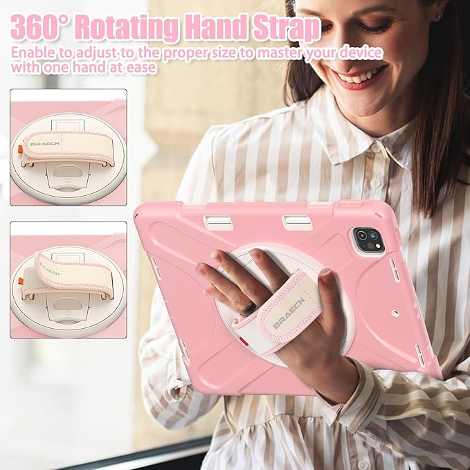 BRAECNstock Case for Apple iPad Air 13 inch (M4/M3/M2)/ iPad Pro 12.9 inch 6th/5th/4th/3rd Gen Shockproof Protective Case with Pen Holder 360° Rotating Stand &amp Hand Strap Shoulder Strap Rose G