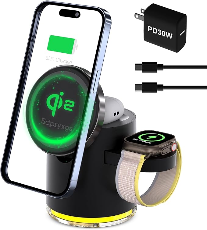 New Generation Qi2 Certified 3 in 1 Magnetic Wireless Charging Station Compact Fast Charging Stationfor Apple iPhone12-17iWatchesAirPodsSamsung Phones and Watches(30W Adapter Included) (Black)