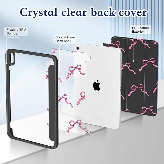 CISSOOK Case for iPad 11 Inch 2025 (A16) / 10.9 inch iPad 10th Generation 2022 with Apple Pencil Holder Auto Wake/Sleep Black Base with Pink Bow