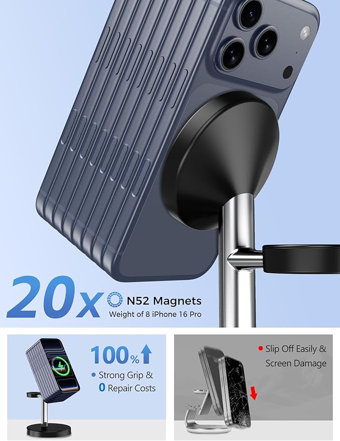 2026 3 in 1 Wireless Charging Station Compatible with MagSafe 15W Fast Magnetic Mag-Safe Charger Stand for Apple iPhone 17 16 15 14 13 12 Series iWatch AirPods Pro 4 3 2 SilverBlack 1 Pack