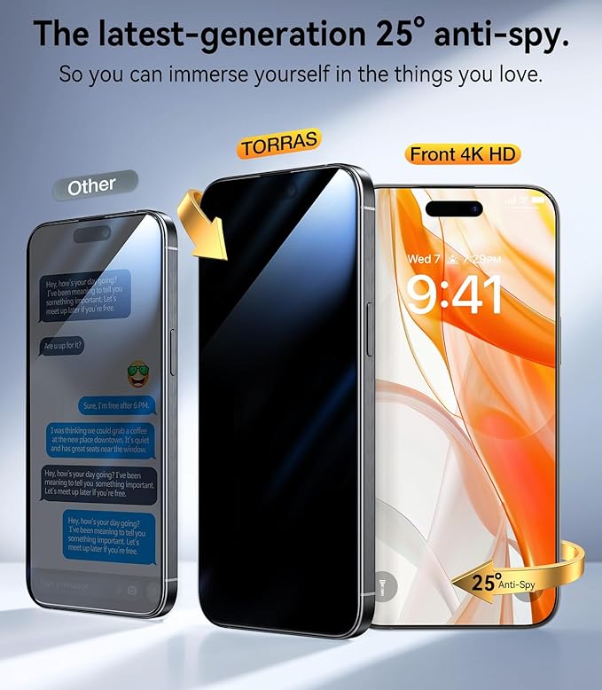 TORRAS Military-Grade for iPhone 16 Pro Screen Protector Privacy [9H+] Full Coverage Tempered Glass [TOP 25° Anti-Spy] Easy Install Bubble-Free Case-Friendly 6.3'' 2-Pack