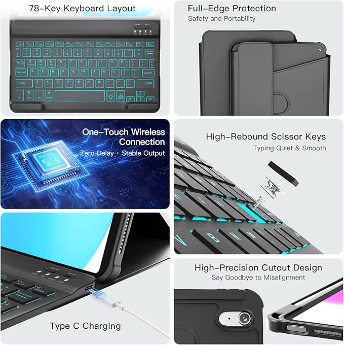 for iPad 11th(A16 2025)/10th Generation Case with Keyboard 360° Rotatable Case &amp Detachable Backlit Keyboard Precision Cutouts and Pen Holder for iPad A16 11''/10th 10.9'' Black