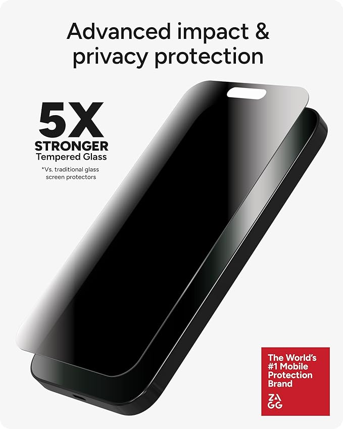 ZAGG Glass Elite Privacy 360 Screen Protector for iPhone 16 Plus / 15 Plus – 4-Way Privacy Ultra-Strong Tempered Glass 5X Stronger Smudge-Resistant Easy Install Recycled Content