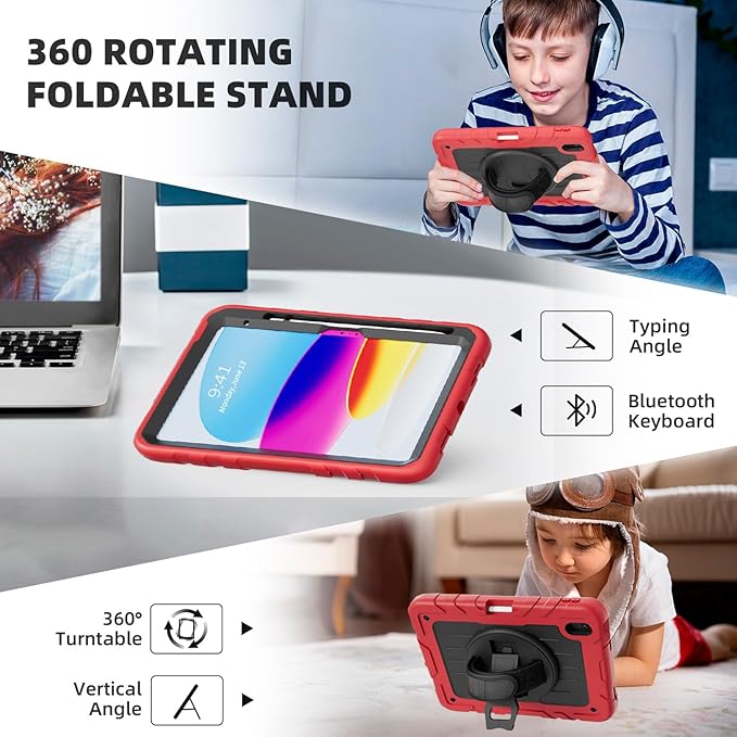 Case for iPad 10th Generation 10.9inch 2022with Built-in Screen Protector and KickstandHand StrapShoulder Strap for New Apple iPad 10.9 Inch(Red/Black)