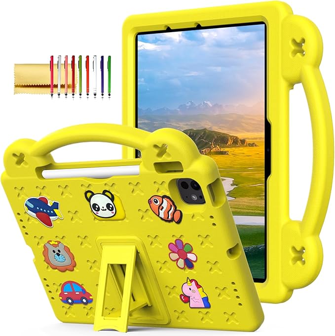 Dteck for iPad Air 6th Gen 11 Inch iPad Pro 11 Inch 5th Gen Case: Cartoon Panda Shockproof Rugged Lightweight Convertible Stand Kids Friendly Tablet Case with Handles Yellow