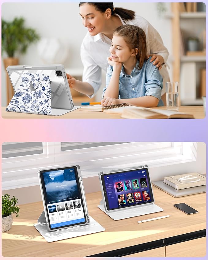 Kidcube for iPad Air 13 Inch Case M3 2025/M2 2024 for iPad Pro 12.9 Cases (2022/2021/2020/2018) - Women Girls Cute Folio Cover with Pencil Holder Kawaii Girly Blue Floral Flower Design Rotating Stand