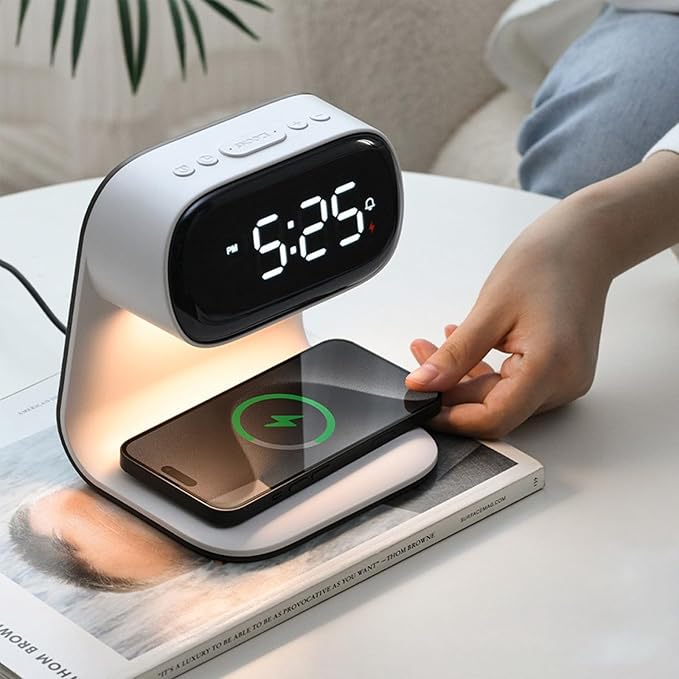 Wireless Charger Alarm Clock Featuring Wireless Charging Clock Alarm 3-Level Lighting 15W Fast Wireless Charging and Compatibility with All Qi-Enabled Devices A40 White.
